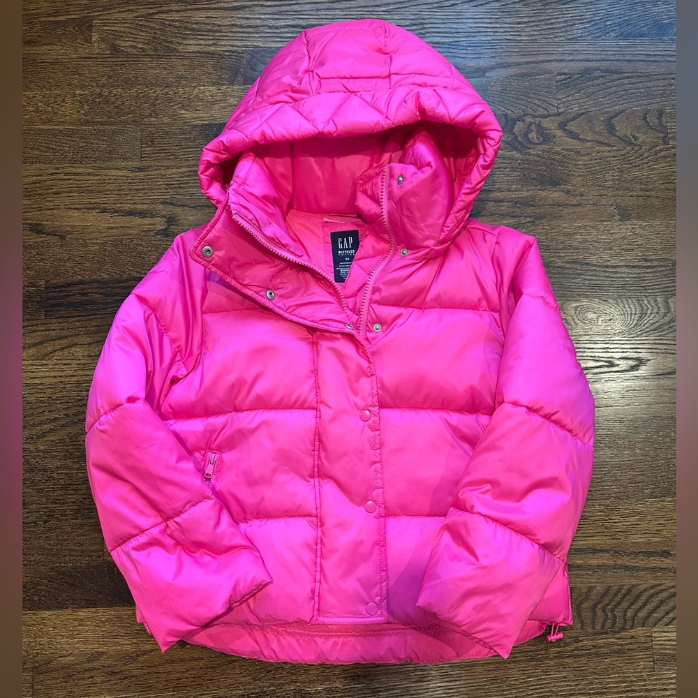 GAP Ladies Recycled Hooded Puffer Coat Hot Pink Size XS